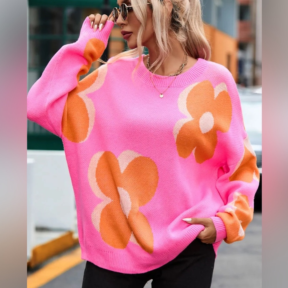 Flower Round Neck Dropped Shoulder Sweater